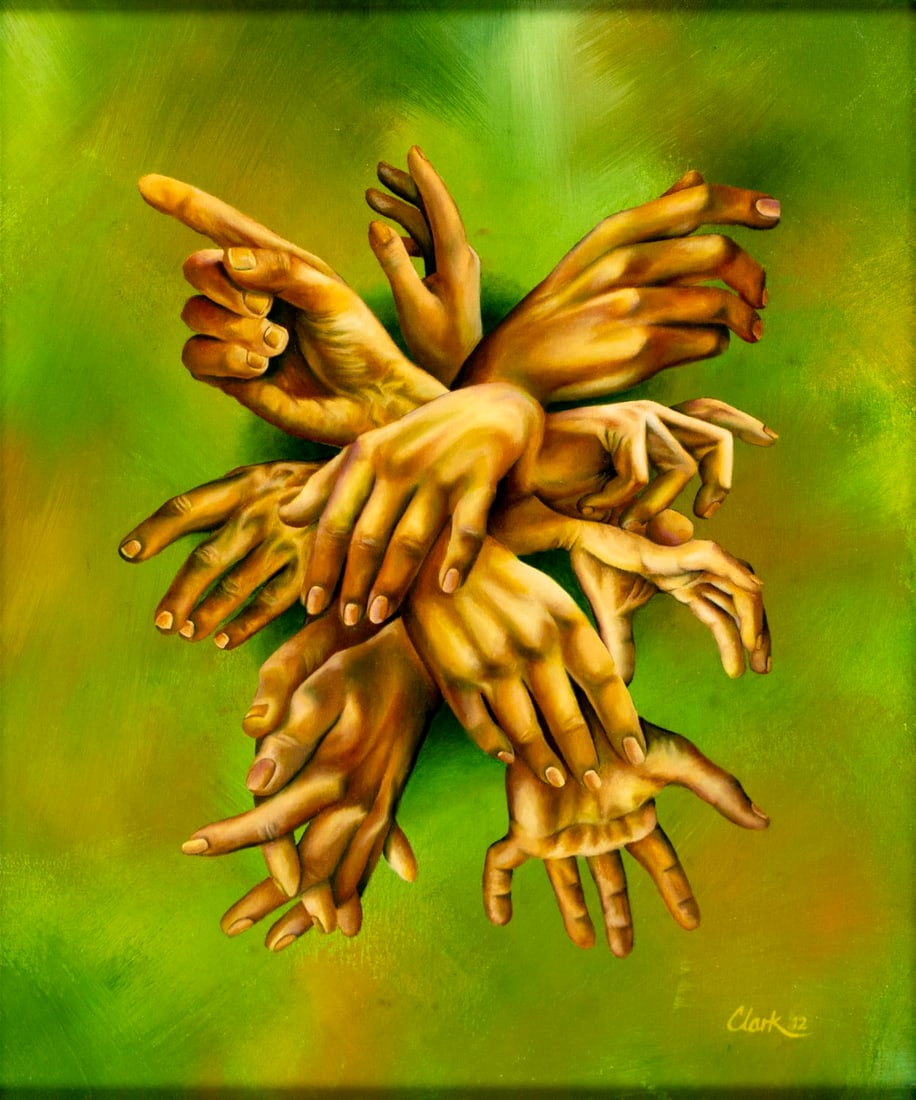 David Clark (US,20/21C) oil painting: ARTIST: David Clark (American, 20/21 centuries) TITLE: Hand Spring YEAR: 2012 MEDIUM: oil on canvas board CONDITION: Overall good. No visible inpaint und