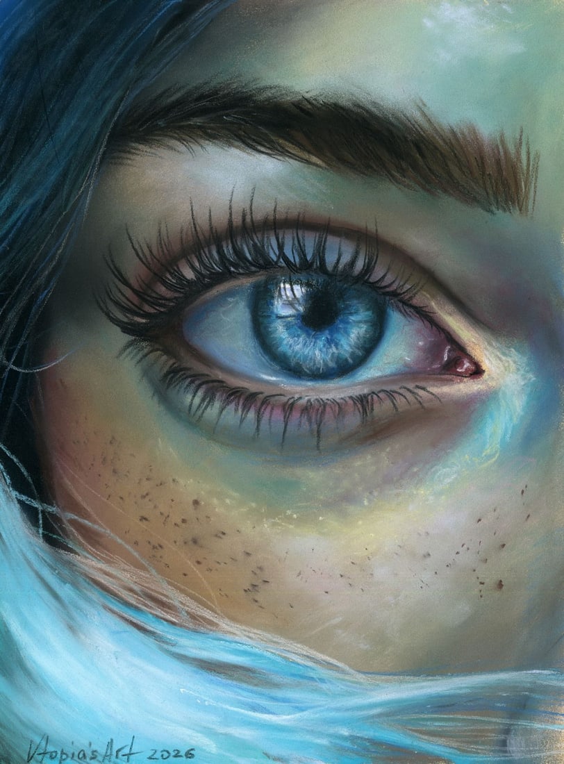 Olesya Grebenyuk (Ukraine,20/21C) pastel painting: ARTIST: Olesya Grebenyuk (Ukraine, 20/21 centuries) TITLE: Blue Eye Close-Up MEDIUM: pastel on heavy paper CONDITION: Very good. ART SIZE: 10 x 7 inches