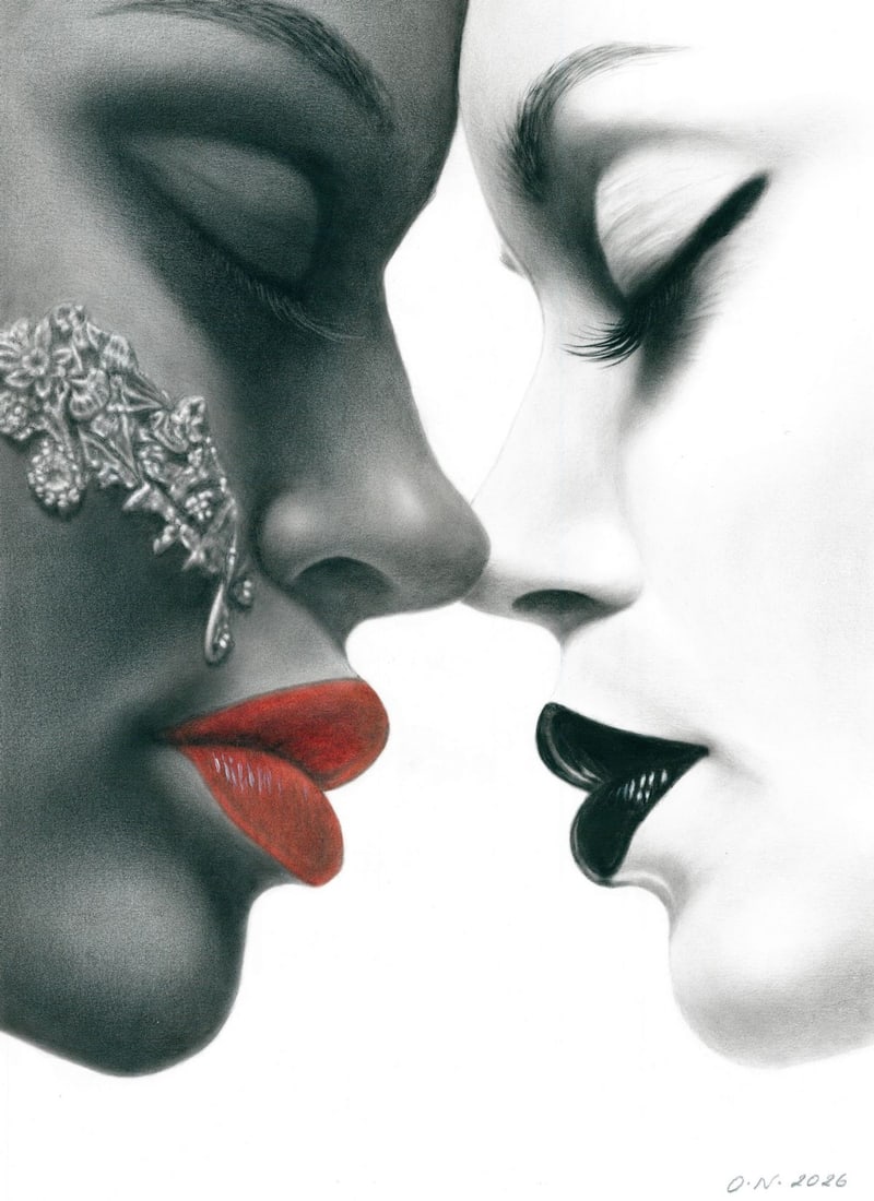 Olga Novostavskaya (Ukraine,b 1967) dry brush oil painting: ARTIST: Olga Novostavskaya (Ukrainian, born 1967) TITLE: Yin and Yang (titled on verso) MEDIUM: dry brush oil on paper CONDITION: Very good. ART SIZE: 17