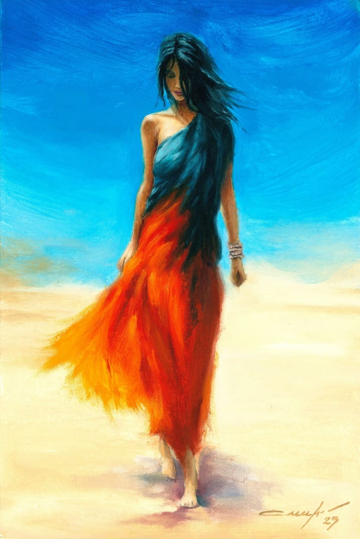 Evgeniy Smyrnyy (Ukraine,b 1987) oil painting: ARTIST: Evgeniy Smyrnyy (Ukrainian, born 1987) TITLE: Woman on Beach MEDIUM: oil on heavy paper CONDITION: Very good. No visible inpaint under UV light. ART SIZE:
