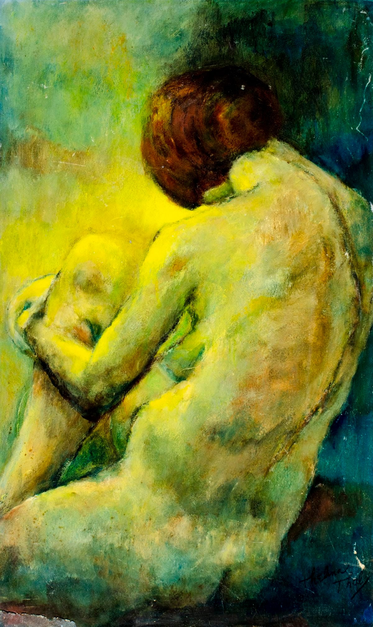 Thelma Thal (NY,1903-2001) oil painting: ARTIST: Thelma Thal (New York, 1903 - 2001) TITLE: Seated Nude MEDIUM: oil on board CONDITION: Some damage to the lower left corner. Some scratches/paint losses. Some foxi