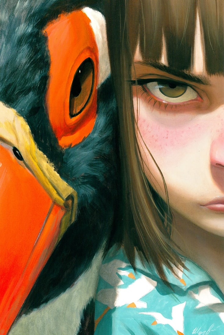 Anastasia Shugaeva (Ukraine,20/21C) oil painting: ARTIST: Anastasia Shugaeva (Ukraine, 20/21 centuries) TITLE: Girl with Bird MEDIUM: oil on heavy paper CONDITION: Very good. No visible inpaint under UV light. AR