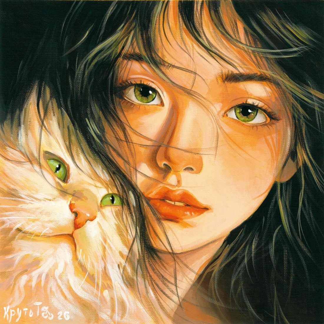 Tatiana Krut (Ukraine,20/21C) acrylic painting: ARTIST: Tatiana Krut (Ukrainian, 20/21 centuries) TITLE: Girl with Cat MEDIUM: acrylic on heavy paper CONDITION: Very good. ART SIZE: 10 x 10 inches / 25