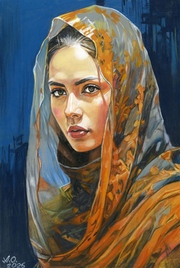 Oleksandr Achkasov (Ukraine,b 1965) pastel painting: ARTIST: Oleksandr Achkasov (Ukraine, born 1965) TITLE: Portrait of Woman in Headscarf MEDIUM: pastel on heavy paper CONDITION: Very good. ART SIZE: 12 x