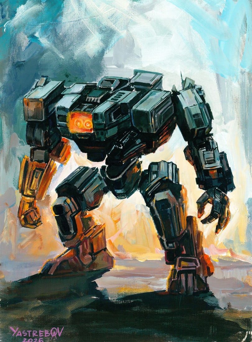 Aleksandr Yastrebov (Ukraine,b 1989) acrylic painting: ARTIST: Aleksandr Yastrebov (Ukrainian, born 1989) TITLE: Battle Robot MEDIUM: acrylic on heavy paper CONDITION: Very good. ART SIZE: 10 x 8 inches / 25