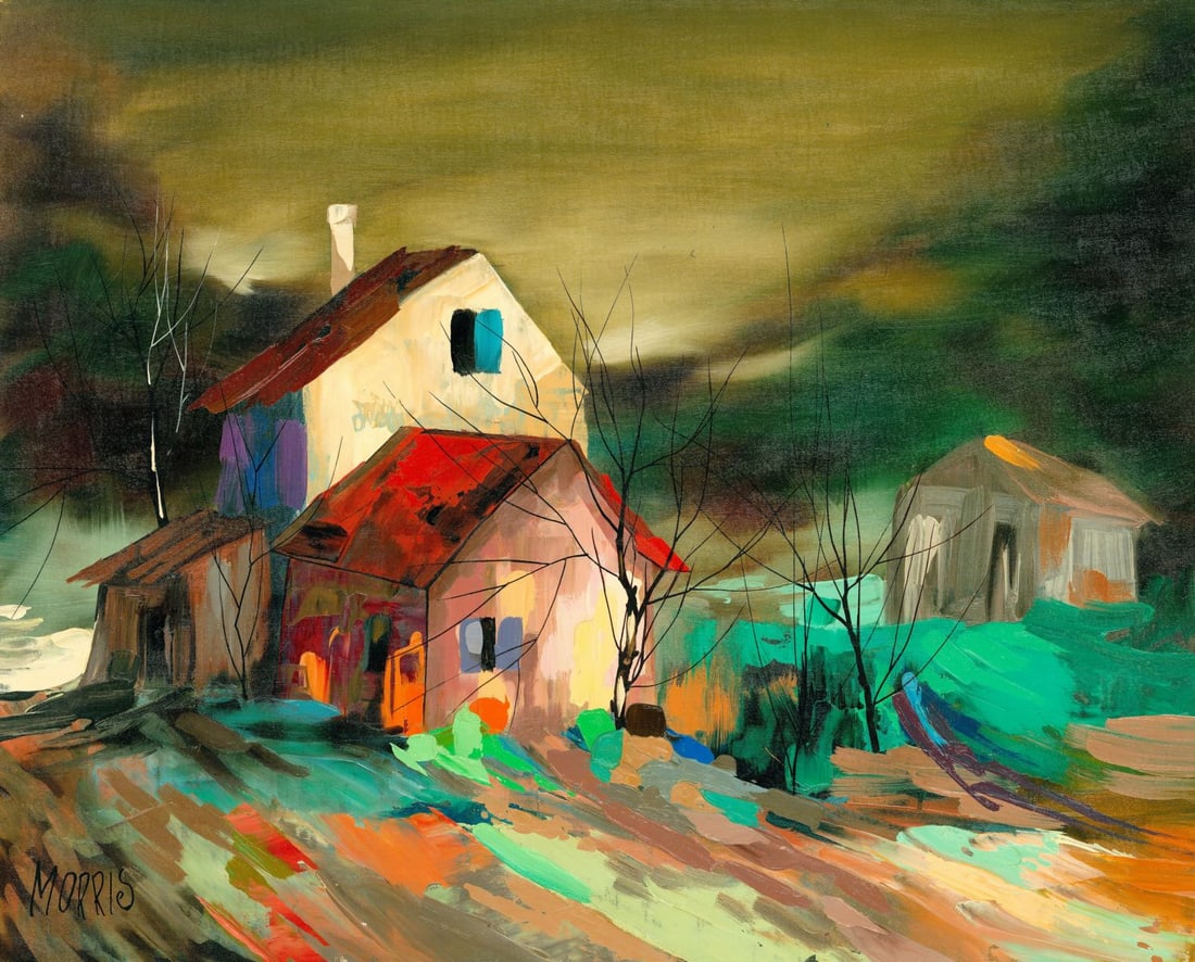 Morris (Europe,20C) oil painting: ARTIST: Morris (European, 20 century) TITLE: Evening Countryside Landscape MEDIUM: oil on canvas CONDITION: Unstretched (In-House stretching available) (In-House stretching