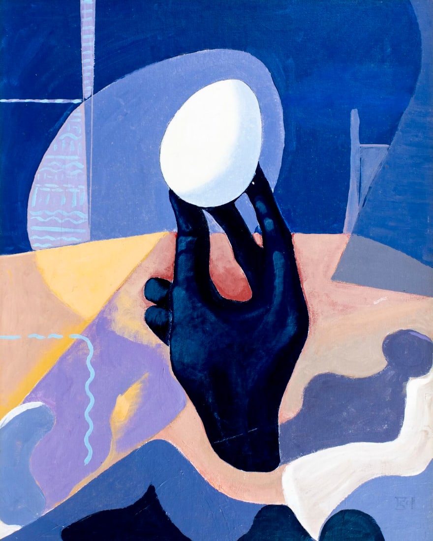 Denise (US,20C) oil painting: ARTIST: Denise (American, 20 century) TITLE: Surreal Scene with Egg MEDIUM: oil on canvas board CONDITION: Minor damages to corners. Some scratches/paint losses. No visible