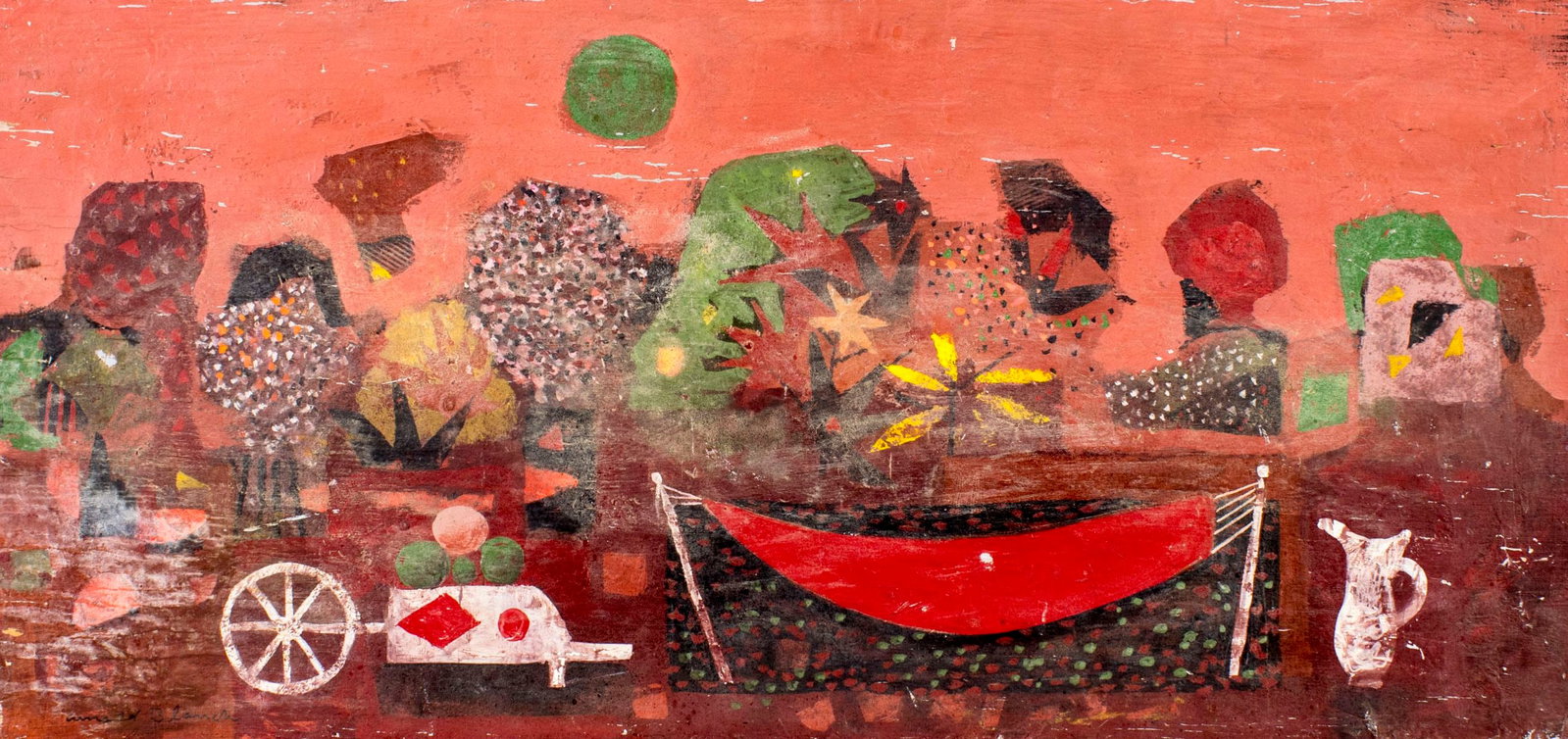 Arnold A Blanch (NY,MO,1896-1968) oil painting: ARTIST: Arnold A Blanch (New York, Minnesota, 1896 - 1968) TITLE: Red Landscape (titled on label) MEDIUM: oil on board CONDITION: Some paint losses (SEE PICTURES CAREFULLY).