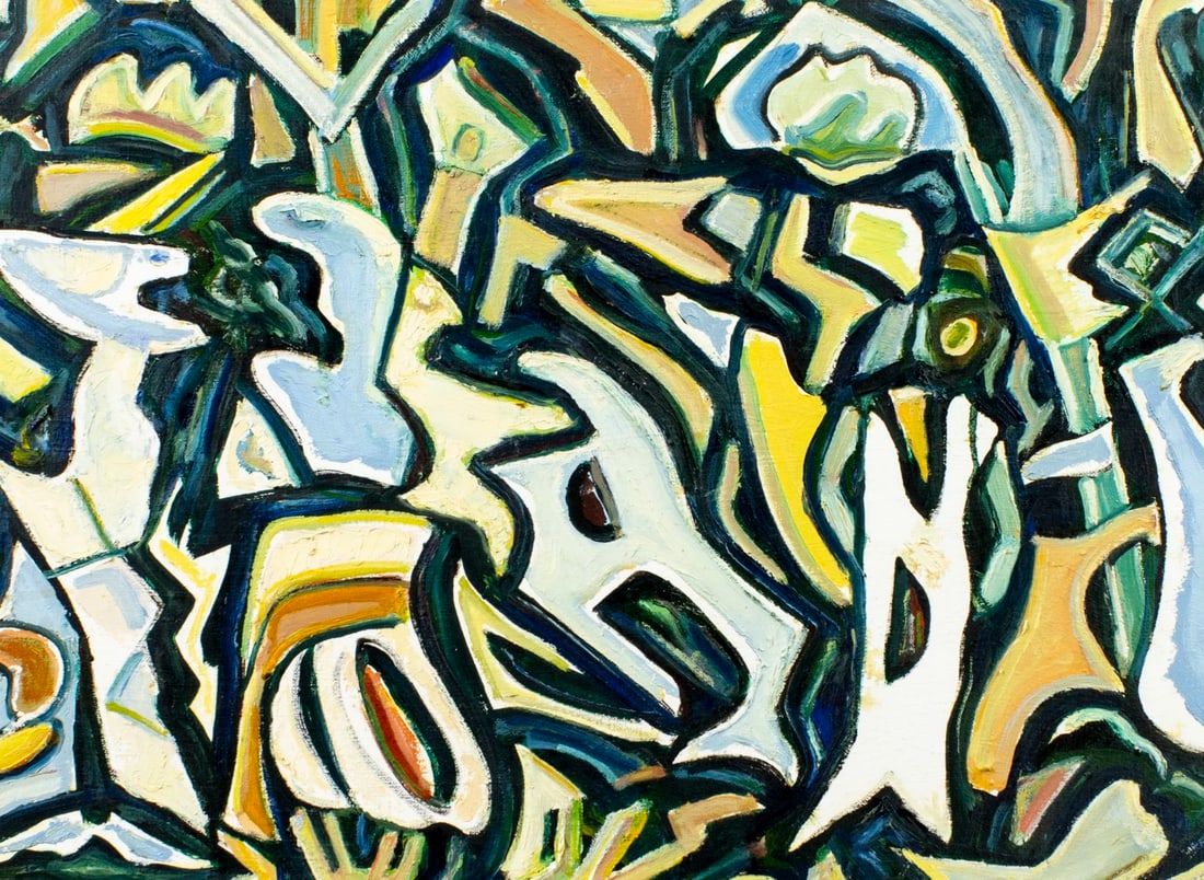 Mortimer Borne (NY,Poland,1902-1987) oil painting: ARTIST: Mortimer Borne (New York, Polish, 1902 - 1987) TITLE: Brownian Movement (titled on stretcher) YEAR: 1986 MEDIUM: oil on canvas CONDITION: Minor p