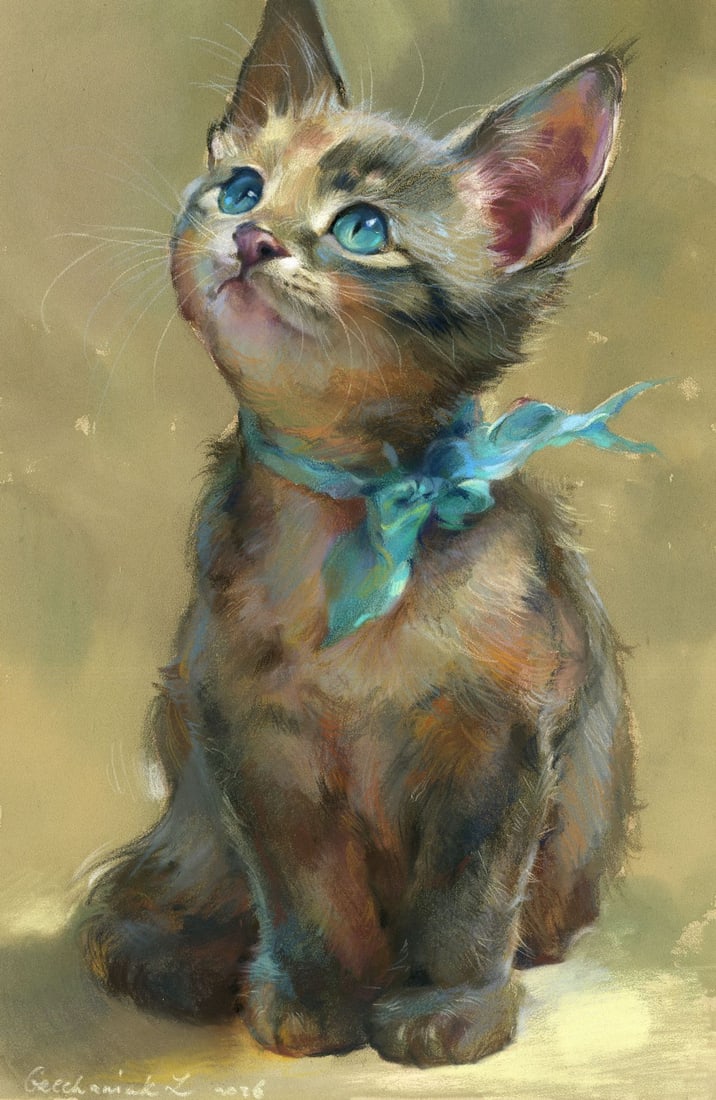 Zoya Grechanyuk (Ukraine,b 1977) pastel painting: ARTIST: Zoya Grechanyuk (Ukrainian, born 1977) TITLE: Cat with Blue Ribbon MEDIUM: pastel on heavy paper CONDITION: Very good. ART SIZE: 12 x 8 inches /