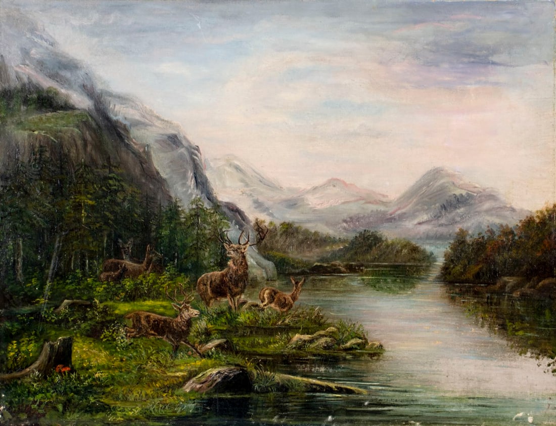 Alice West (US,early 20C) oil painting antique: ARTIST: Alice West (American, early 20 century) TITLE: Mountain Landscape with Deer MEDIUM: oil on canvas CONDITION: Some small scratches/paint losses. No visible inpaint un