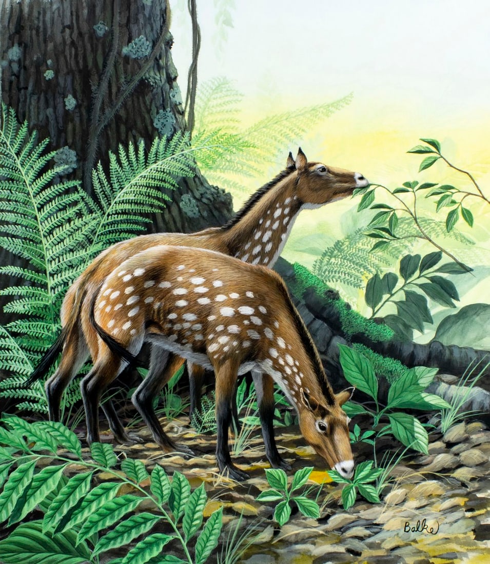 Don Balke (NC,1933-?) gouache painting: ARTIST: Don Balke (North Carolina, 1933 - ???) TITLE: Eohippus (titled on verso) YEAR: 1995 MEDIUM: gouache and watercolor on board CONDITION: Some dam