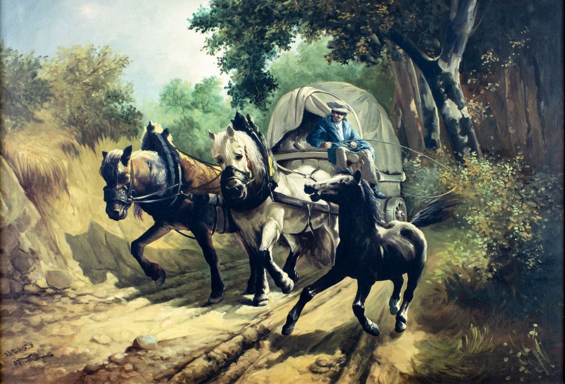 Vintage mid 20C European oil painting signed: ARTIST: - (Europe, mid 20 century) TITLE: Horse Carriage MEDIUM: oil on canvas CONDITION: Very minor craquelure. No visible inpaint under UV light. Wear to frame.