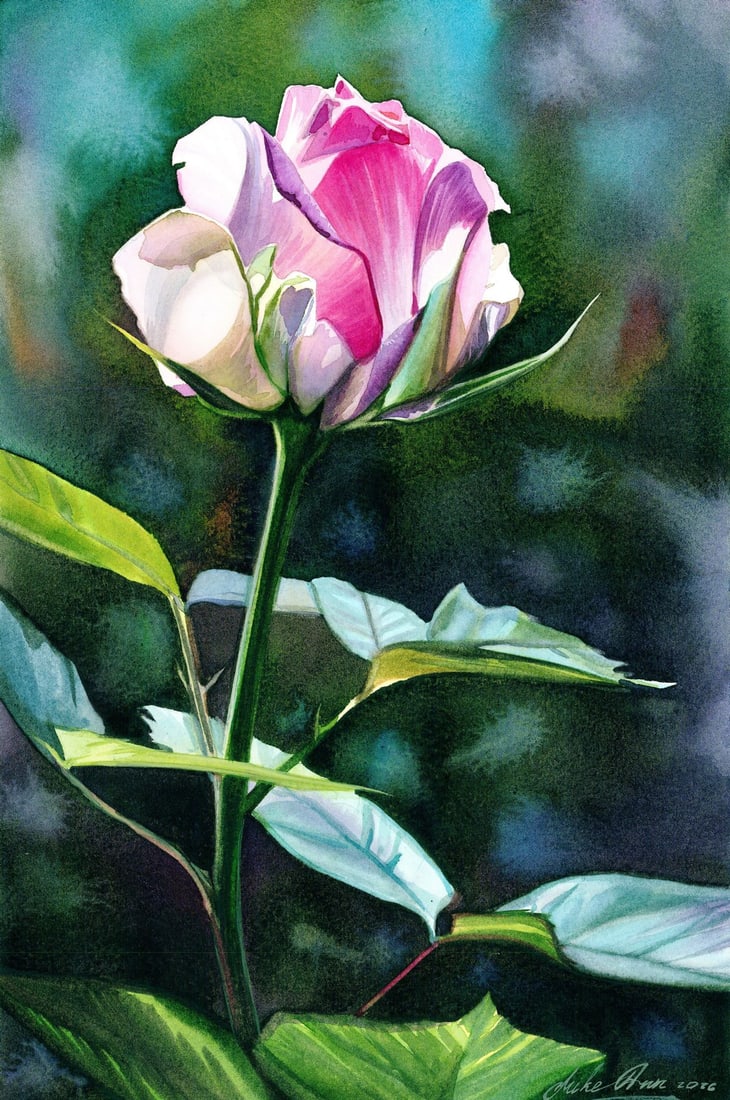 Mikhaylo Dmytriv (Ukraine,b 1997) watercolor painting: ARTIST: Mikhaylo Dmytriv (Ukraine, born 1997) TITLE: Still Life with Pink Rose MEDIUM: watercolor on heavy paper CONDITION: Very good. ART SIZE: 12 x 8 i