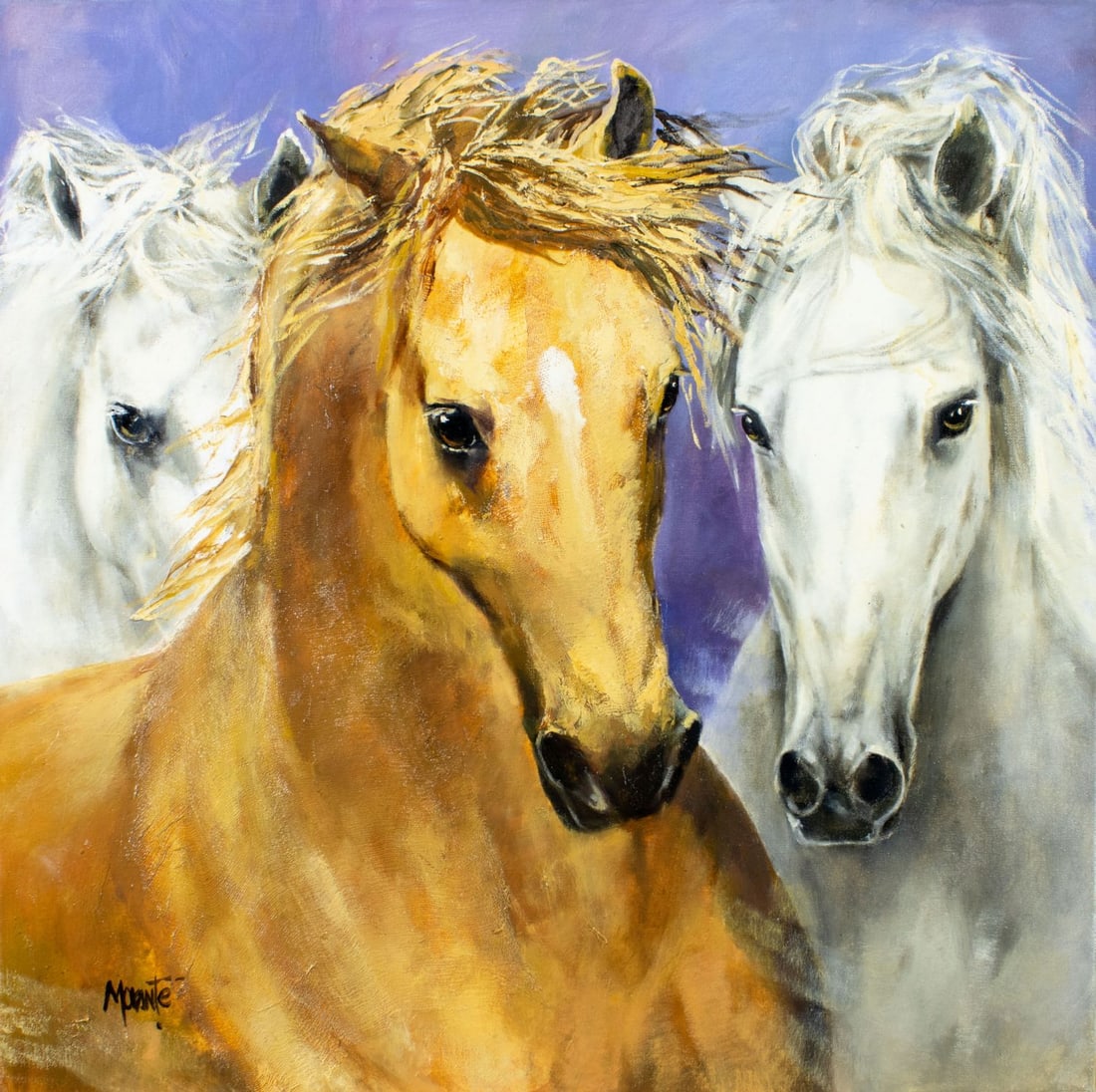 Gladys Morante (Peru,b 1963) oil painting: ARTIST: Gladys Morante (Peruvian, born 1963) TITLE: Horses - Tu Miranda y La Mia MEDIUM: oil on canvas CONDITION: Overall good. No visible inpaint under UV light. Normal wea