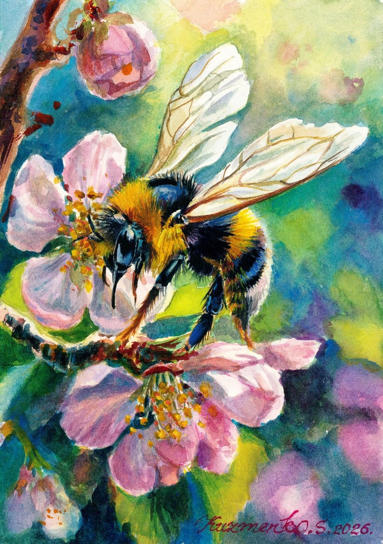 Sofia Kuzmenko (Ukraine,20/21C) watercolor painting: ARTIST: Sofia Kuzmenko (Ukraine, 20/21 centuries) TITLE: Bumblebee on Flower MEDIUM: watercolor on heavy paper CONDITION: Very good. ART SIZE: 9 x 7 inch