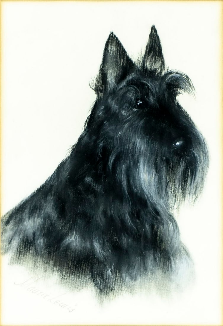 Maurie Lewis (US,20C) pastel painting: ARTIST: Maurie Lewis (American, 20 century) TITLE: Scottish Terrier Dog - Dolly (titled on verso) MEDIUM: pastel on paper CONDITION: Some age toning. Framed under glass. Wea