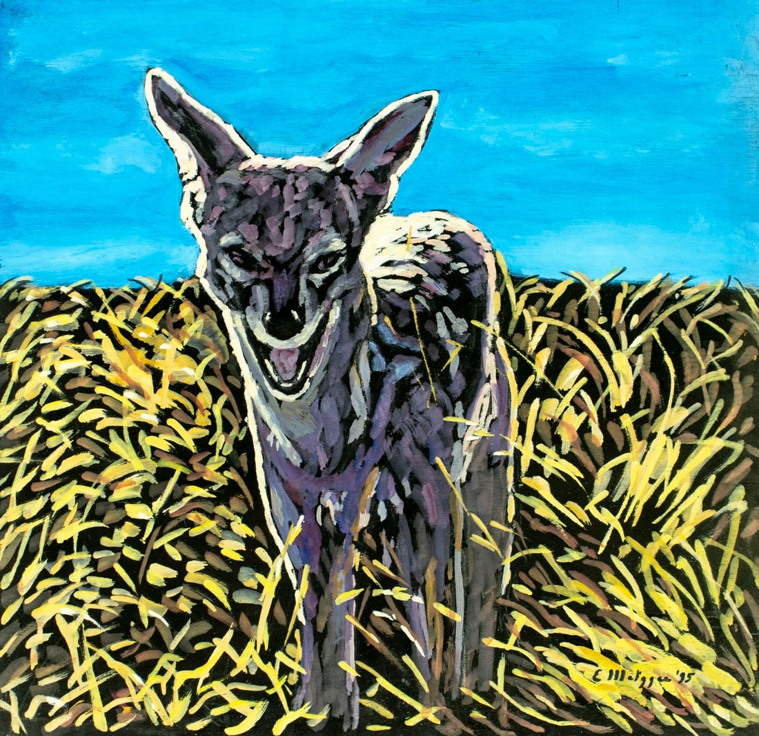 Evelyn Metzger (NY,Brazil,1911-2007) oil painting: ARTIST: Evelyn Borchard Metzger (New York, Brazilian, 1911 - 2007) TITLE: Jackal (titled on verso) YEAR: 1995 MEDIUM: oil on board CONDITION: Few minor s