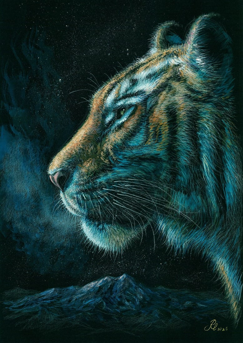 Lyudmila Rudenko (Ukraine,20/21C) mixed media painting: ARTIST: Lyudmila Rudenko (Ukrainian, 20/21 centuries) TITLE: Tiger MEDIUM: mixed media on heavy paper CONDITION: Very good. ART SIZE: 17 x 12 inches / 43