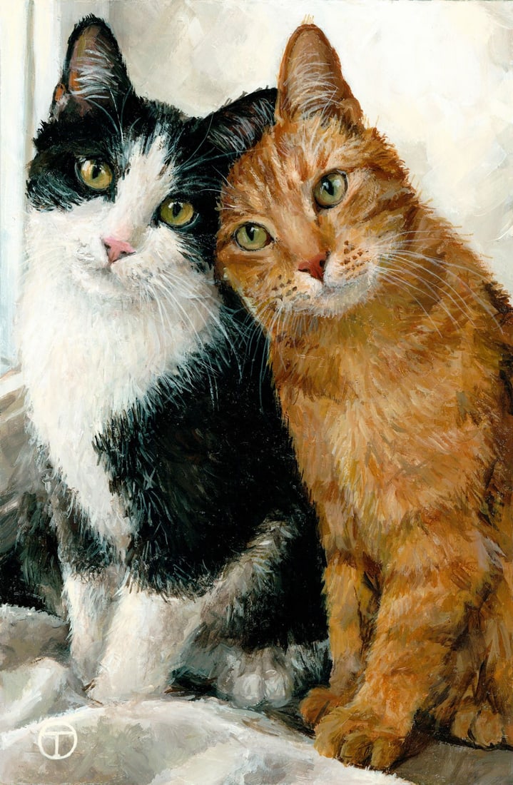 Olia Tomkova (Ukraine,20/21C) acrylic painting: ARTIST: Olia Tomkova (Ukrainian, 20/21 centuries) TITLE: Two Cats MEDIUM: acrylic on board CONDITION: Very good. ART SIZE: 12 x 8 inches / 30 x 20 cm