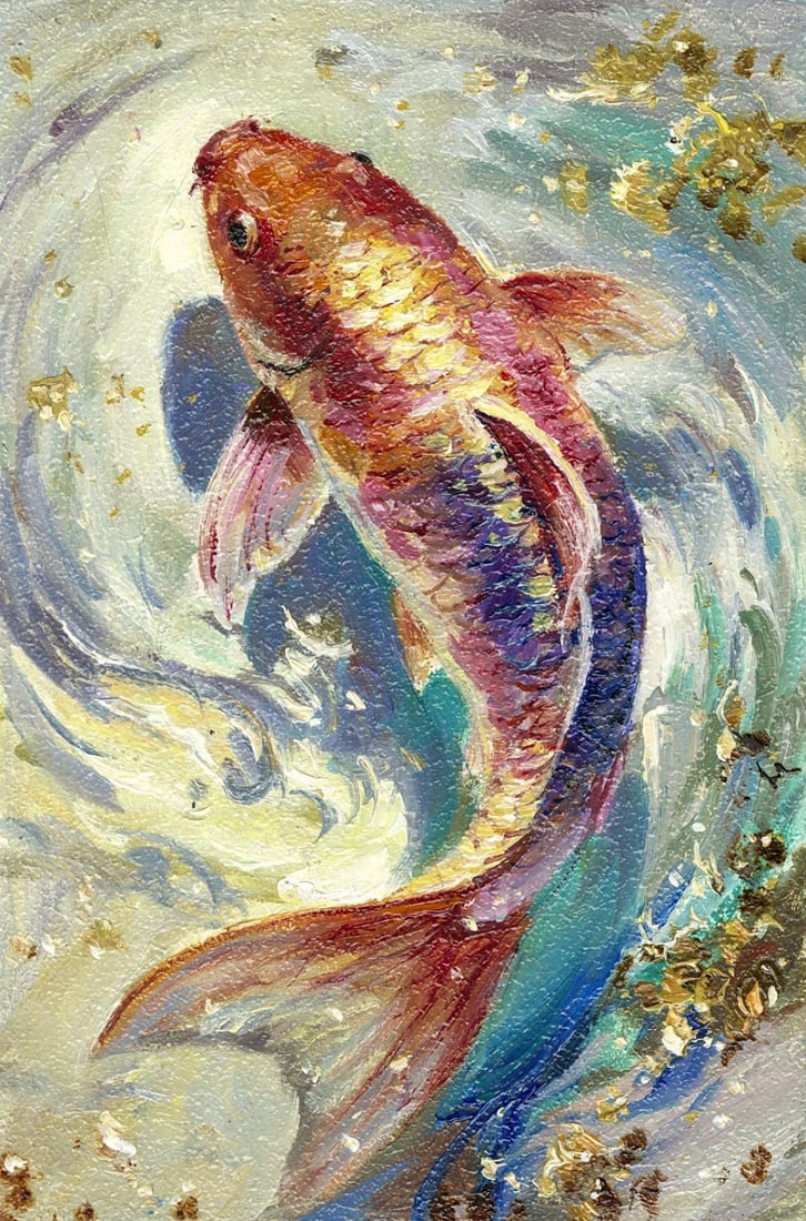 Sergey Kozachkin (Ukraine,b 1965) oil painting: ARTIST: Sergey Vasilievich Kozachkin (Ukraine, born 1965) TITLE: Koi Fish MEDIUM: oil on board CONDITION: Very good. No visible inpaint under UV light. ART SIZE:<