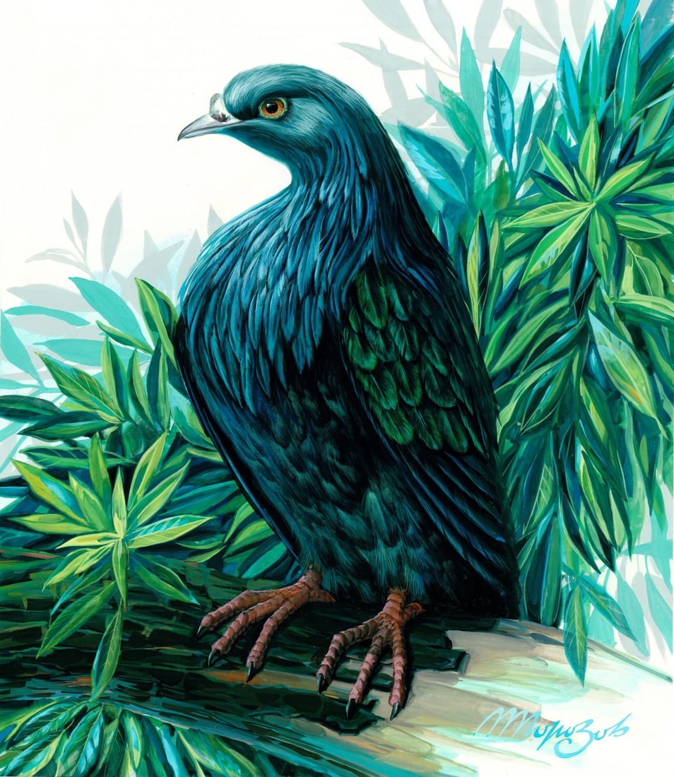 M Morozov (Russia,20C) gouache painting: ARTIST: M Morozov (Russian, 20 century) TITLE: Palau Nicobar Pigeon Bird (titled on verso) YEAR: 1989 MEDIUM: gouache on paper. Paper applied to board. CONDITION: