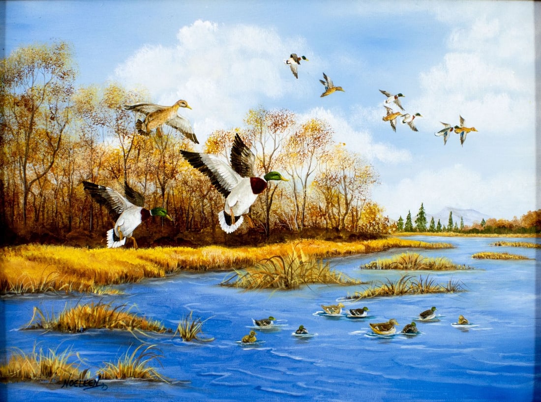 Ruby Noeleen Parks (VA,1940-2012) oil painting: ARTIST: Ruby Noeleen Parks (Virginia, 1940 - 2012) TITLE: Ducks in Flight MEDIUM: oil on canvas CONDITION: Very good. No visible inpaint under UV light. Wear to frame.