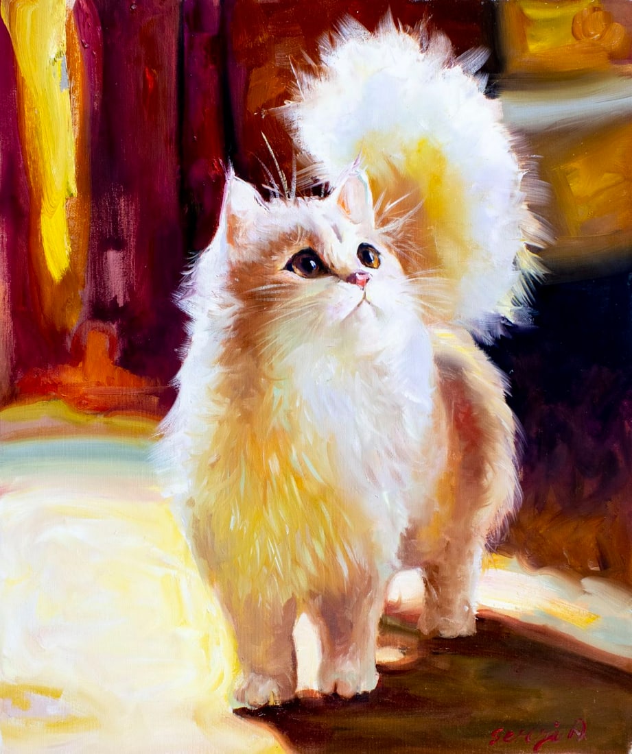 Alex Siryi (Ukraine,b 1997) oil painting: ARTIST: Alex Siryi (Ukrainian, born 1997) TITLE: White Persian Cat MEDIUM: oil on canvas CONDITION: Unstretched (In-House stretching available) (In-House stretching availab