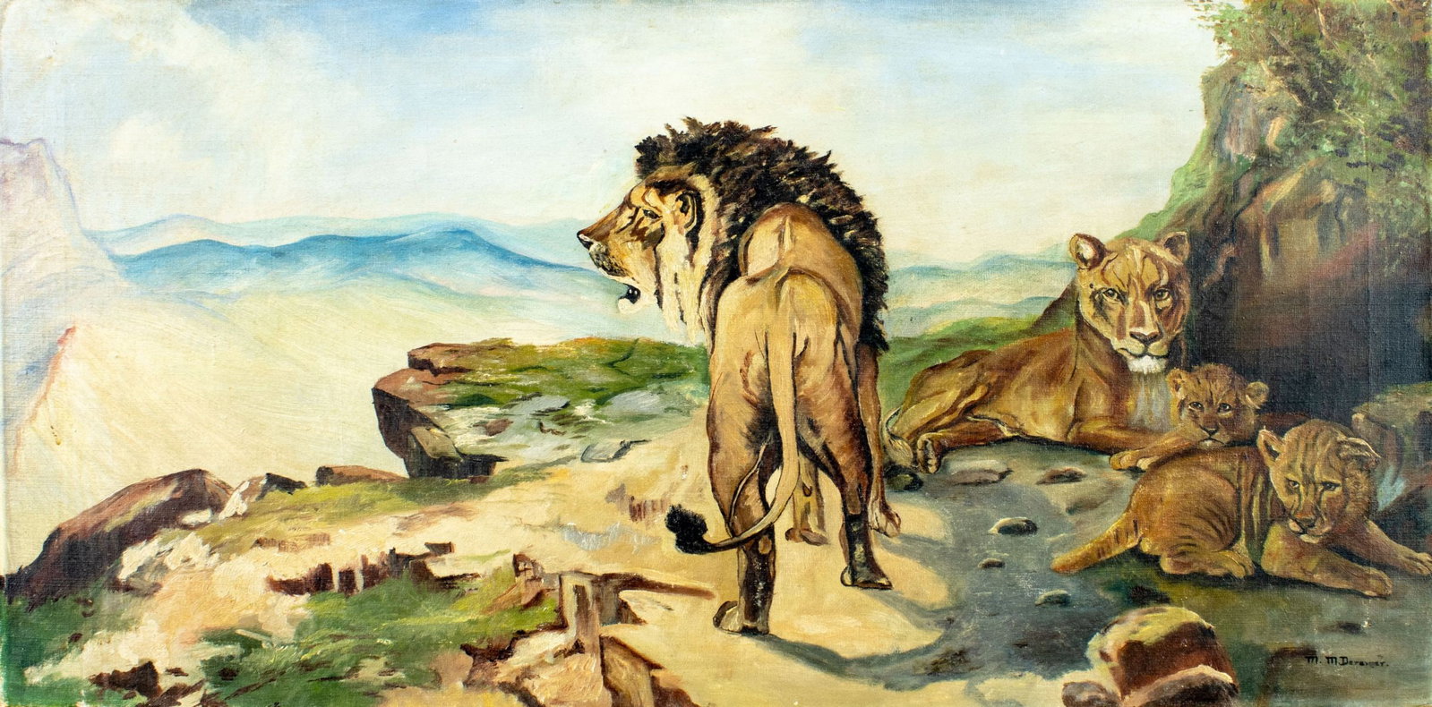 Vintage mid 20C American oil painting signed: ARTIST: - (American, mid 20 century) TITLE: Lions Pride MEDIUM: oil on canvas CONDITION: Minor scratches/paint losses. Minor craquelure. No visible inpaint under UV light