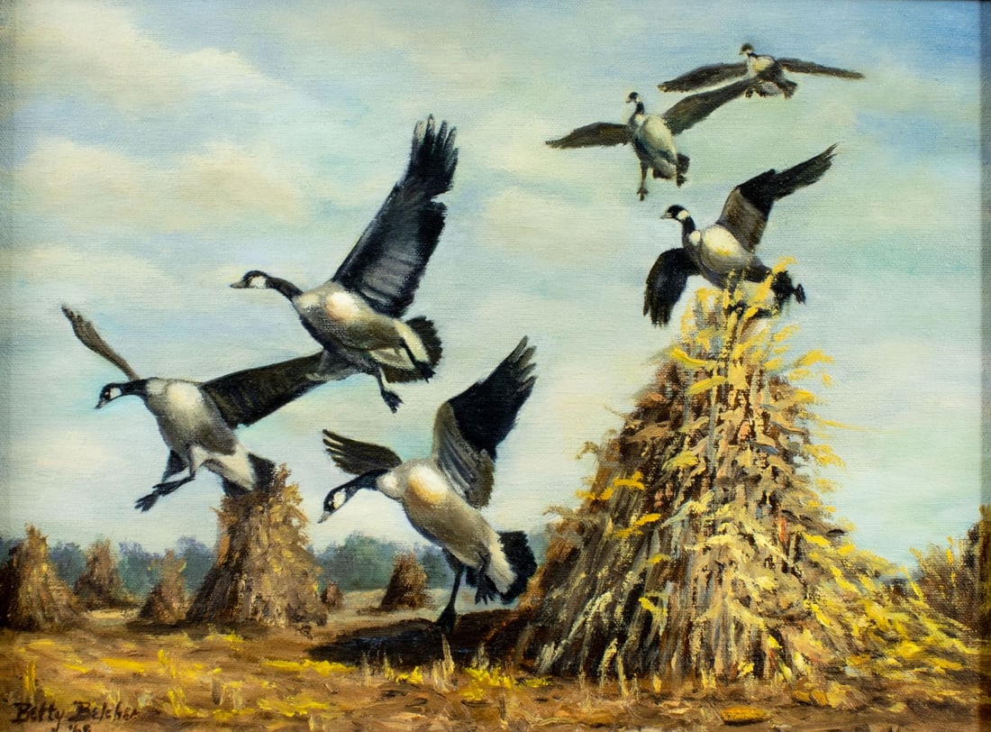 Betty Belcher (US,mid 20C) oil painting: ARTIST: Betty Belcher (American, mid 20 century) TITLE: Flying Ducks YEAR: 1968 MEDIUM: oil on canvas CONDITION: Very good. No visible inpaint under UV l