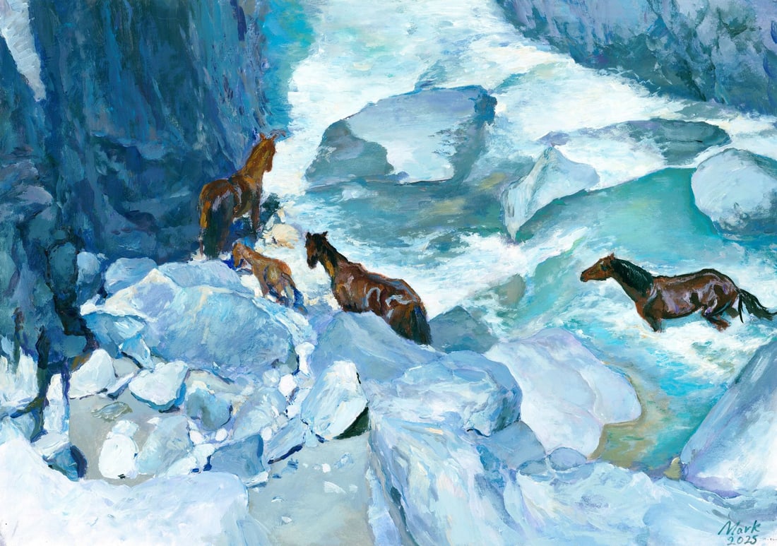Mark Zybkin (Ukraine,20/21C) oil painting: ARTIST: Mark Zybkin (Ukrainian, 20/21 centuries) TITLE: Mountain River Landscape with Horses MEDIUM: oil on heavy paper CONDITION: Very good. No visible inpaint under UV lig