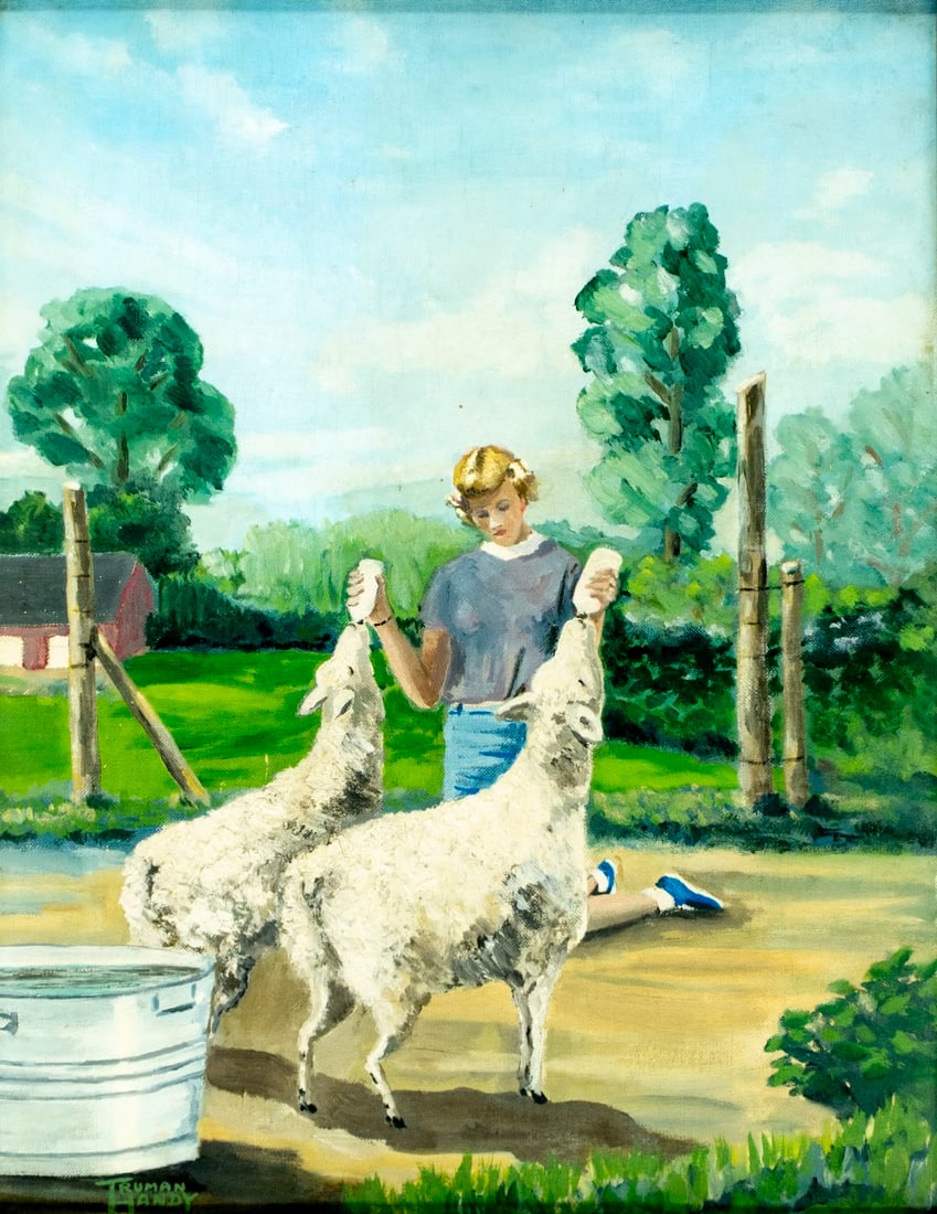 Truman Handy (CT,mid 20C) oil painting: ARTIST: Truman Handy (Connecticut, mid 20 century) TITLE: Woman Feeding Sheep MEDIUM: oil on canvas board CONDITION: Few minor scratches. No visible inpaint under UV light.