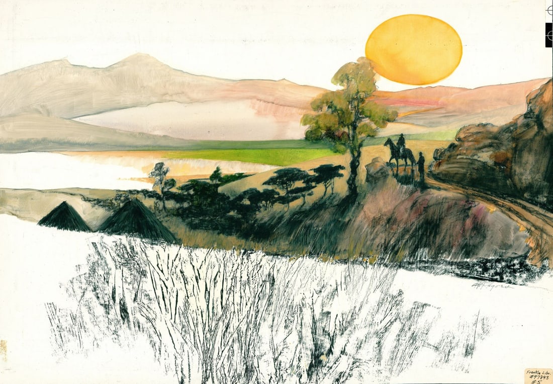 Howard Rogers (AZ,CA,1932-2022) oil painting: ARTIST: Howard Rogers (Arizona, California, 1932 - 2022) TITLE: Illustration - Cry, The Beloved Country 5 YEAR: 1978 MEDIUM: oil on board CONDITION: Some