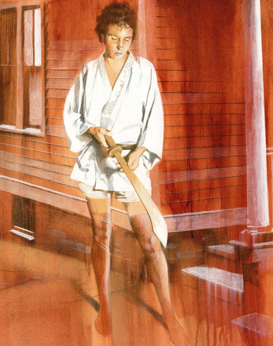 Alan Reingold (NY,RI,b 1956) mixed media painting: ARTIST: Alan Reingold (New York, Rhode Island, born 1956) TITLE: Illustration YEAR: 1980s MEDIUM: mixed media on paper CONDITION: Overall good.
