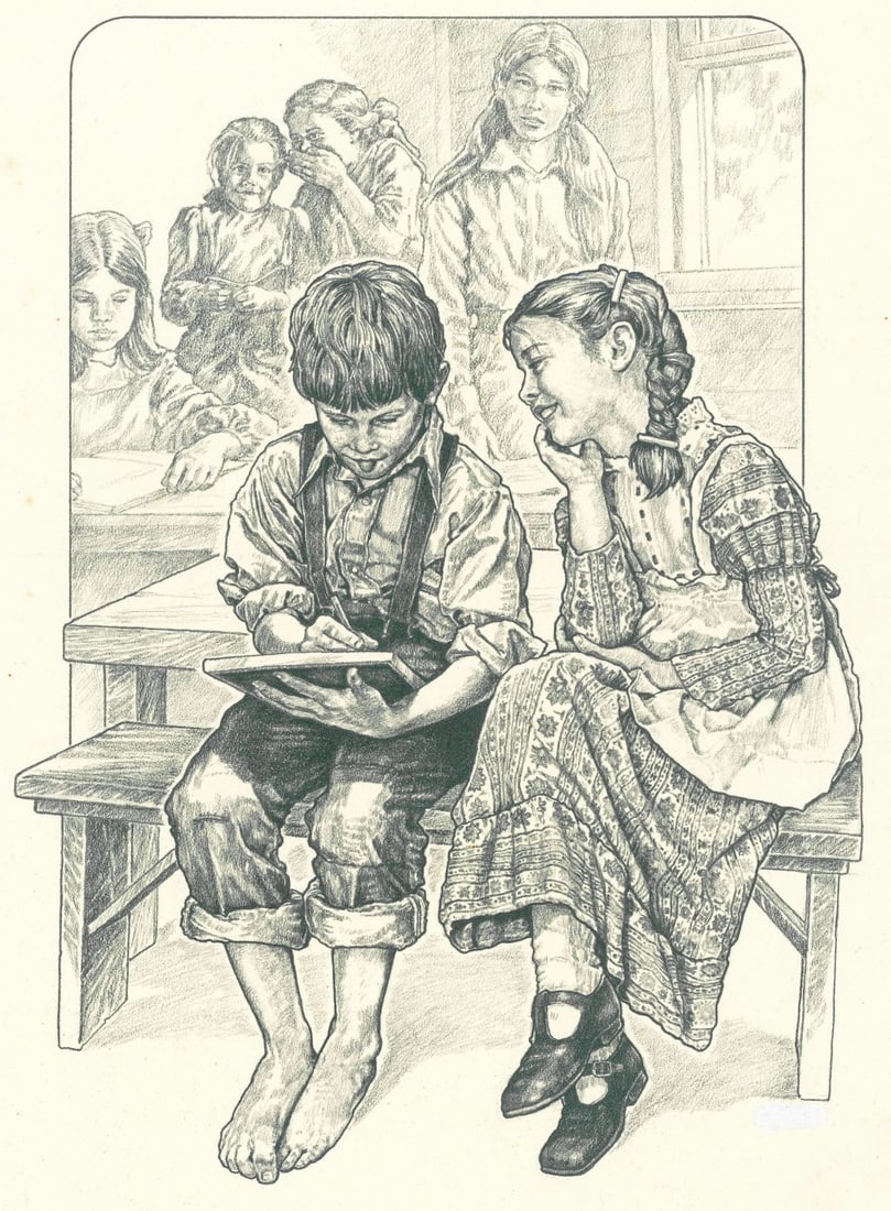 Konrad F Hack (IL,b 1945) graphite painting: ARTIST: Konrad F Hack (Illinois, born 1945) TITLE: Illustration - The Adventures of Tom Sawyer YEAR: 1978 MEDIUM: graphite on board CONDITION: Some foxin