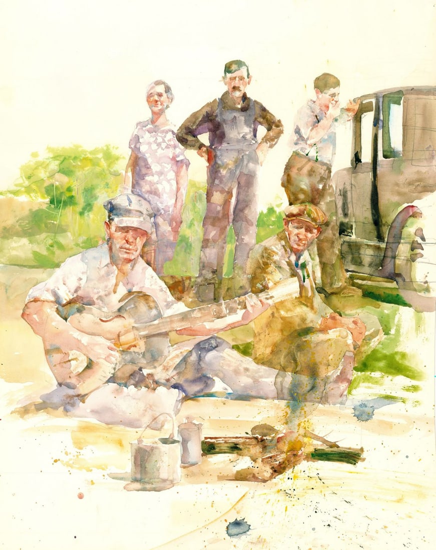 Charles Reid (MA,NY,1937-2019) watercolor painting: ARTIST: Charles Reid (Massachusetts, New York, 1937 - 2019) TITLE: Illustration - The Grapes of Wrath YEAR: 1978 MEDIUM: watercolor on heavy paper CONDITION: