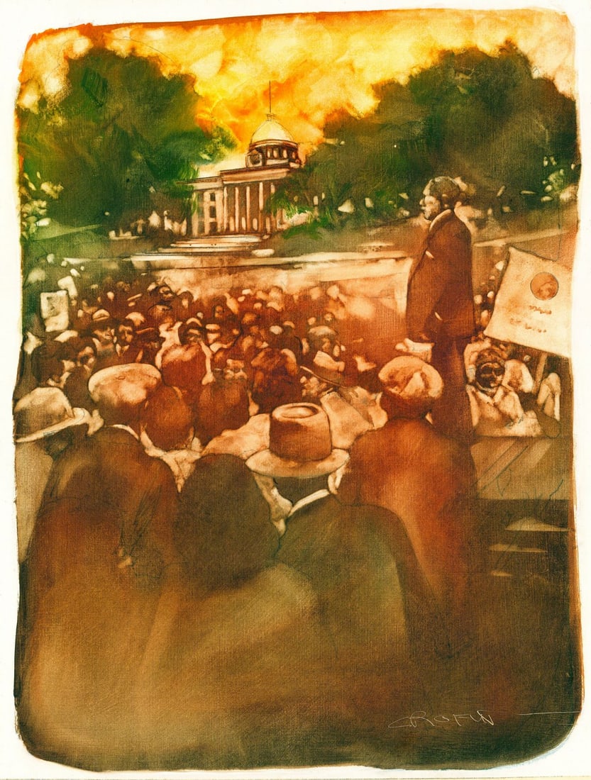 Robert Crofut (MA,b 1951) oil painting: ARTIST: Robert Crofut (Massachusetts, born 1951) TITLE: Illustration - All the King's Men 4 YEAR: 1984 MEDIUM: oil on board CONDITION: Overall good. No v