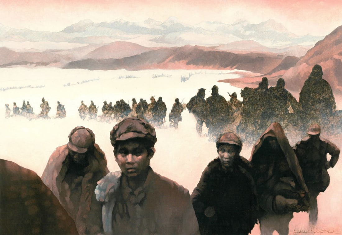 Susi Kilgore (FL,20C) acrylic painting: ARTIST: Susi Kilgore (Florida, 20 century) TITLE: Illustration - The Long March YEAR: 1985 MEDIUM: acrylic on board CONDITION: Overall good. A