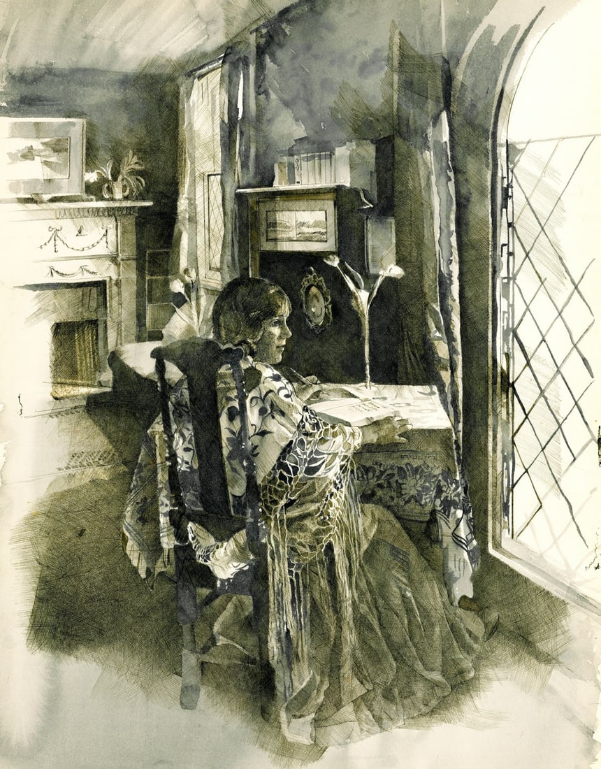 Chris Duke (NY,VA,20/21C) watercolor painting: ARTIST: Chris Duke (New York, Virginia, 20/21 centuries) TITLE: Illustration - Little Women YEAR: 1980 MEDIUM: watercolor on heavy paper CONDITION: Minor