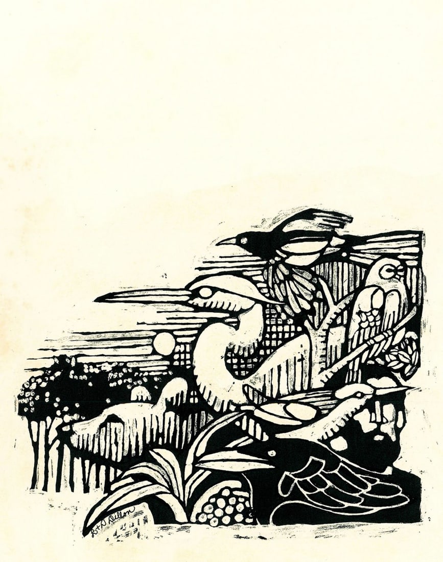 Leo Dillon (NY,1933-2012) woodblock print: ARTIST: Leo Dillon (New York, 1933 - 2012) TITLE: Illustration - Audubon YEAR: 1976 MEDIUM: woodblock print on paper. Paper applied to board. CONDITION: