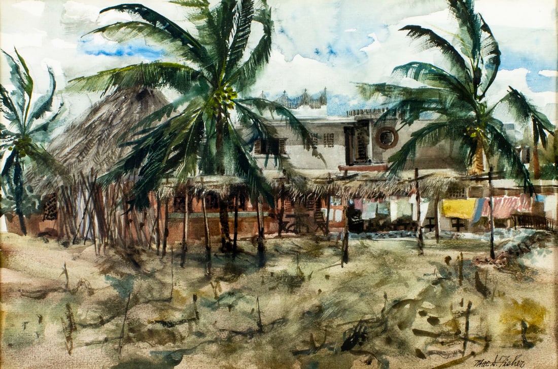 Mac S Fisher (PA,1923-1999) watercolor painting: ARTIST: Mac S Fisher (Pennsylvania, 1923 - 1999) TITLE: Tropical Village YEAR: 1980s MEDIUM: watercolor on paper CONDITION: Minor age toning. Framed unde