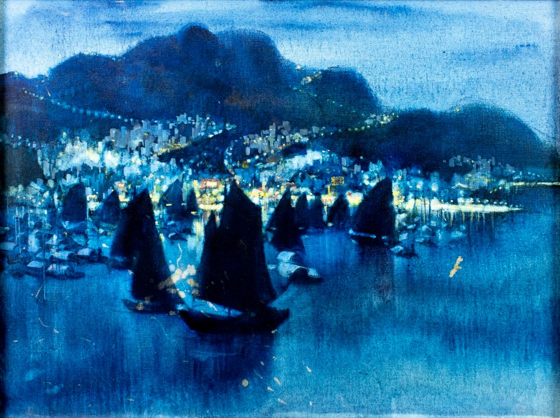 Ben Wohlberg (VA,NY,1927-2024) oil painting: ARTIST: Ben Wohlberg (Virginia, New York, 1927 - 2024) TITLE: Asian Harbor Cityscape at Night YEAR: 1980s MEDIUM: oil on canvas CONDITION: Some paint los