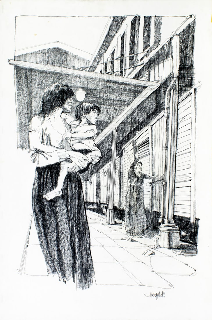 James Richard Campbell (CT,AL,1942-2022) graphite painting: ARTIST: James Richard Campbell (Connecticut, Alabama, 1942 - 2022) TITLE: Illustration - History A Novel YEAR: 1977 MEDIUM: graphite on board CONDITION:
