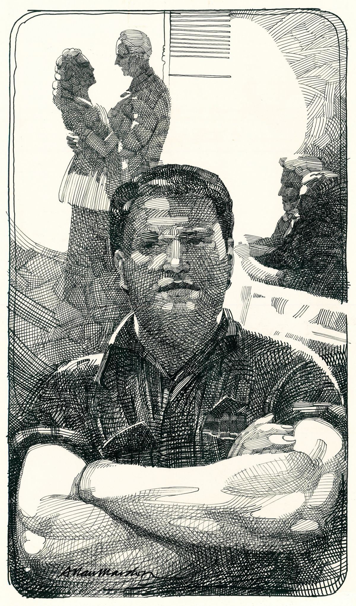Allan Mardon (NY,AZ,Canada,1931-2020) ink painting: ARTIST: Allan Mardon (New York, Arizona, Canadian, 1931 - 2020) TITLE: Arthur Miller Illustration YEAR: 1981 MEDIUM: ink on board CONDITION: Minor foxing
