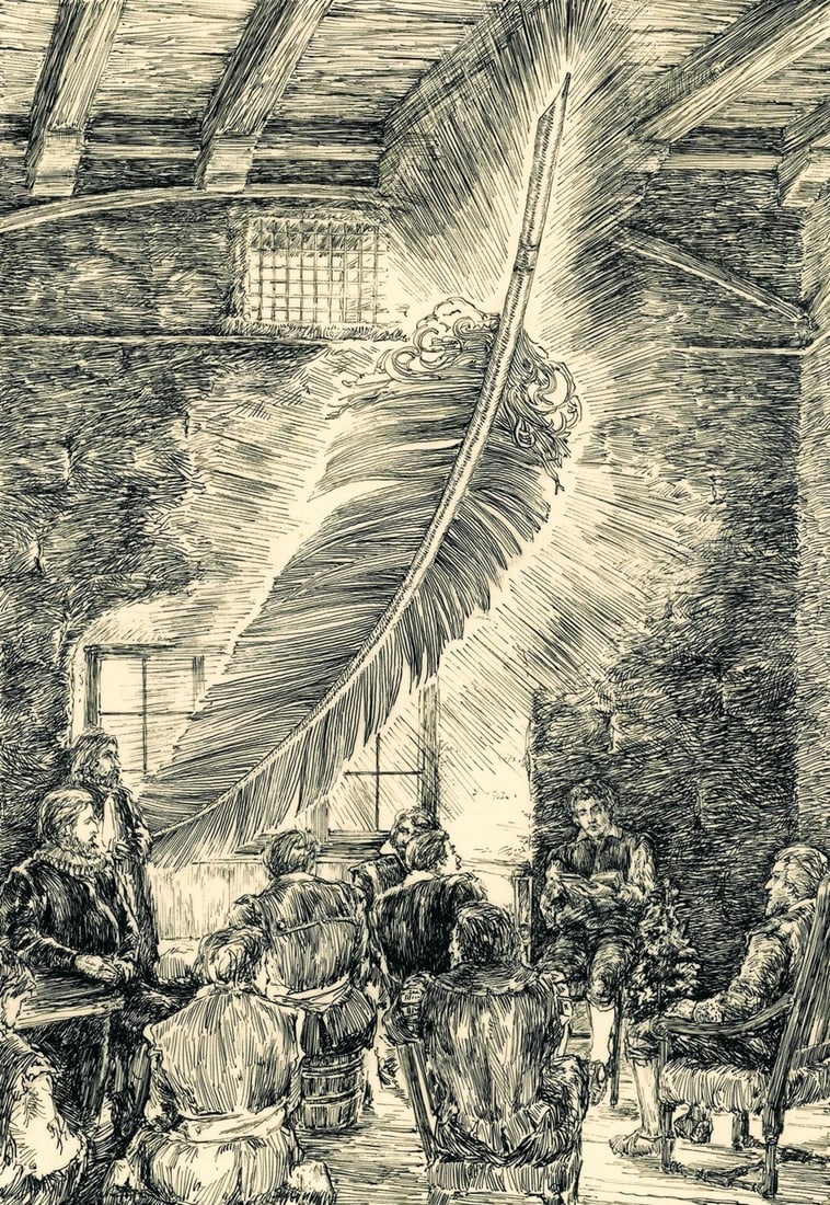 Frederick Schneider (CA,b 1946) ink painting: ARTIST: Frederick Schneider (California, born 1946) TITLE: Illustration - The Meeting at Telgte YEAR: 1981 MEDIUM: ink on paper. Paper applied to board. CONDITION