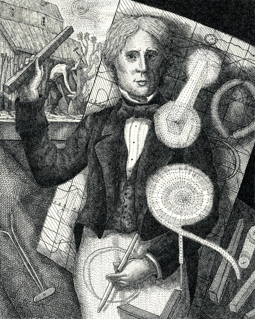 Burt Stanly Hasen (NY,1921-2007) ink painting: ARTIST: Burt Stanly Hasen (New York, 1921 - 2007) TITLE: Illustration - Lavoisier, Fournier, Faraday YEAR: 1980s MEDIUM: ink on paper. Paper applied to board. CON