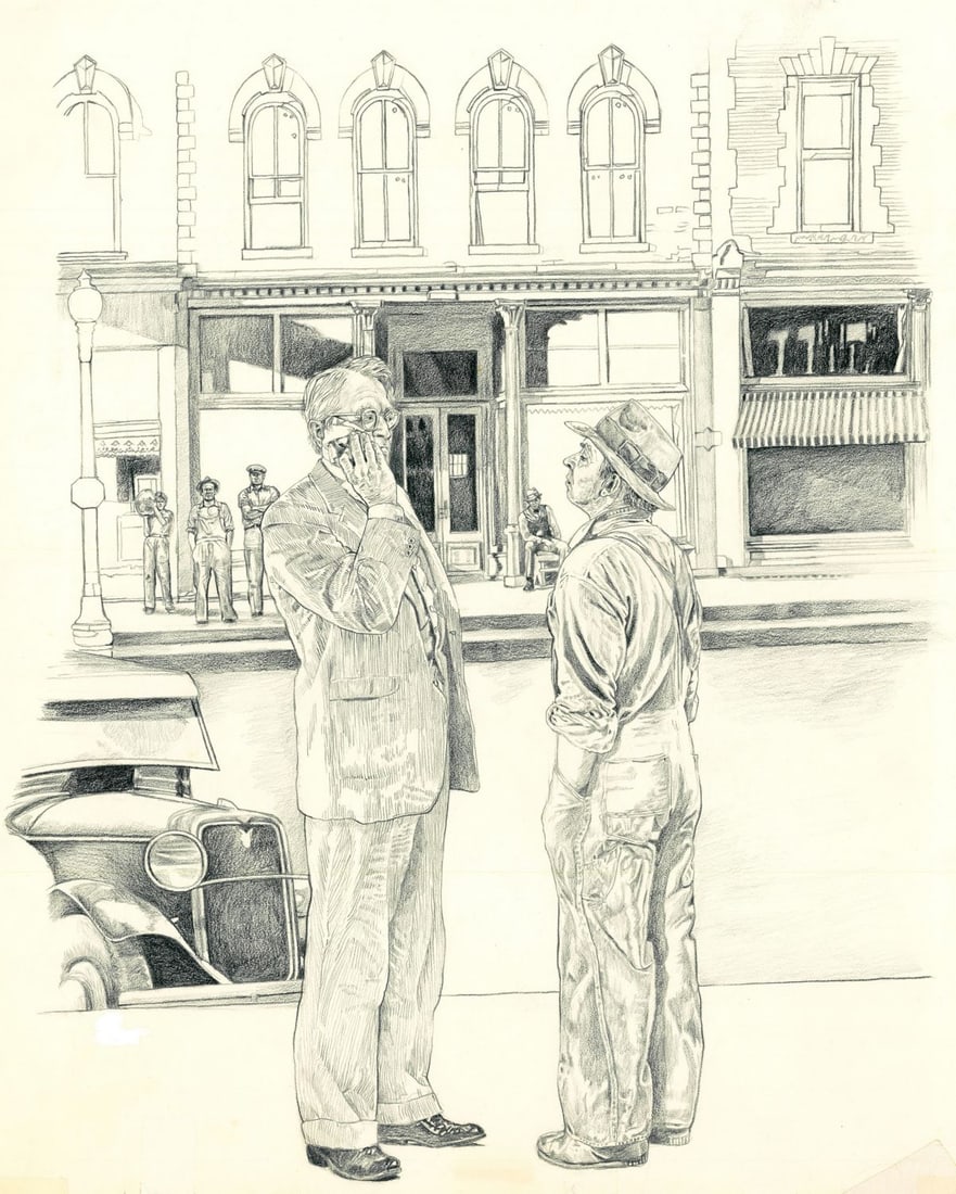 David Millman (NY,GA,20/21C) graphite painting: ARTIST: David Millman (New York, Georgia, 20/21 centuries) TITLE: Illustration - To Kill a Mockingbird YEAR: 1977 MEDIUM: graphite on paper. Paper applied to board.