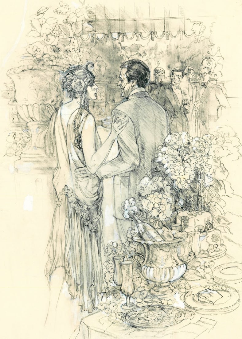 Barbara Fox (US,20/21C) graphite painting: ARTIST: Barbara Fox (American, 20/21 centuries) TITLE: Illustration - The Great Gatsby YEAR: 1980s MEDIUM: graphite on paper. Paper applied to board. CONDITION:</