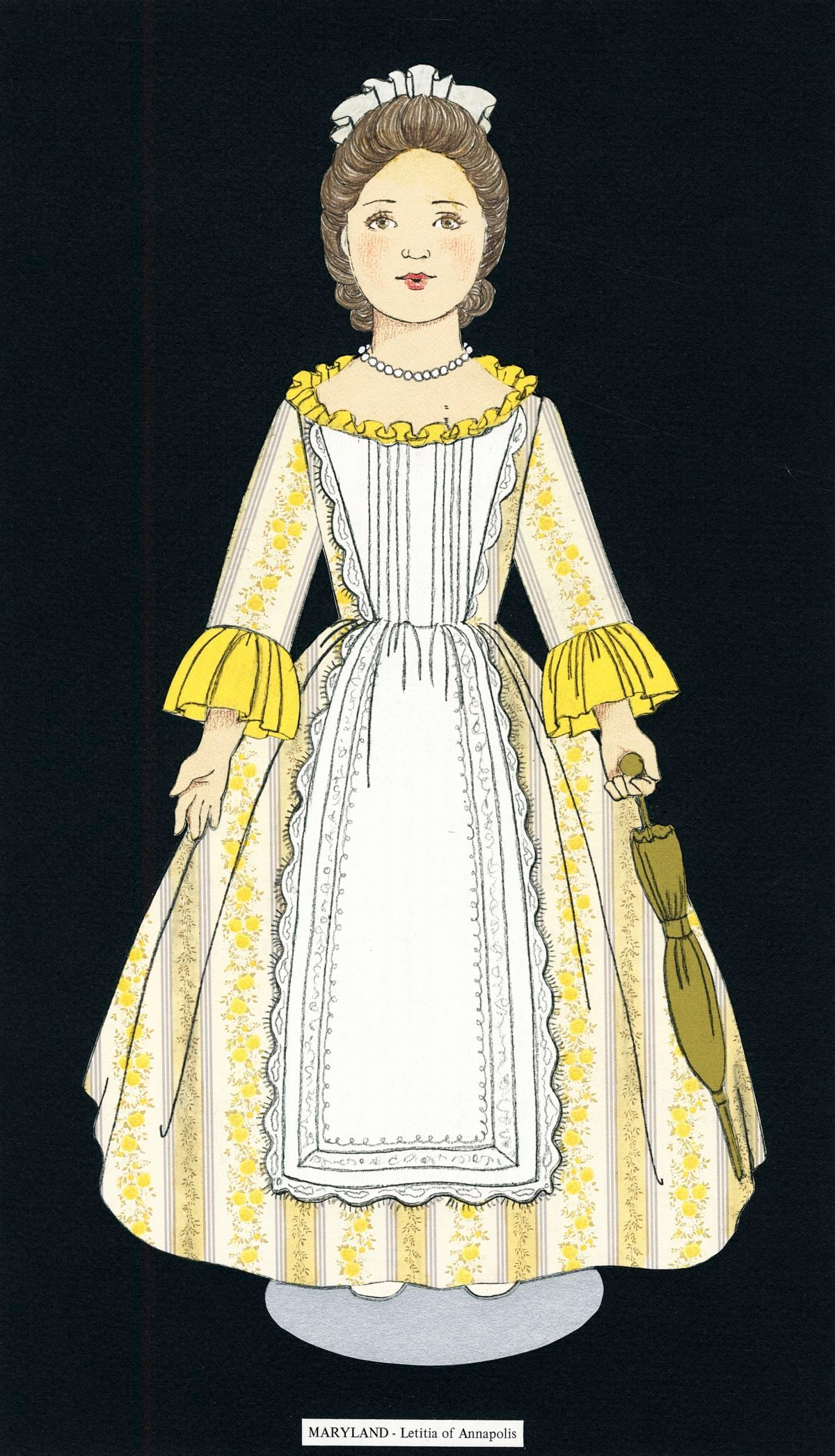 Whitney Anne Smith (US,20C) mixed media painting: ARTIST: Whitney Anne Smith (American, 20 century) TITLE: Little Maids of the 13 Colonies - Maryland - Letitia of Annapolis MEDIUM: mixed media on board CONDITION: Minor dama