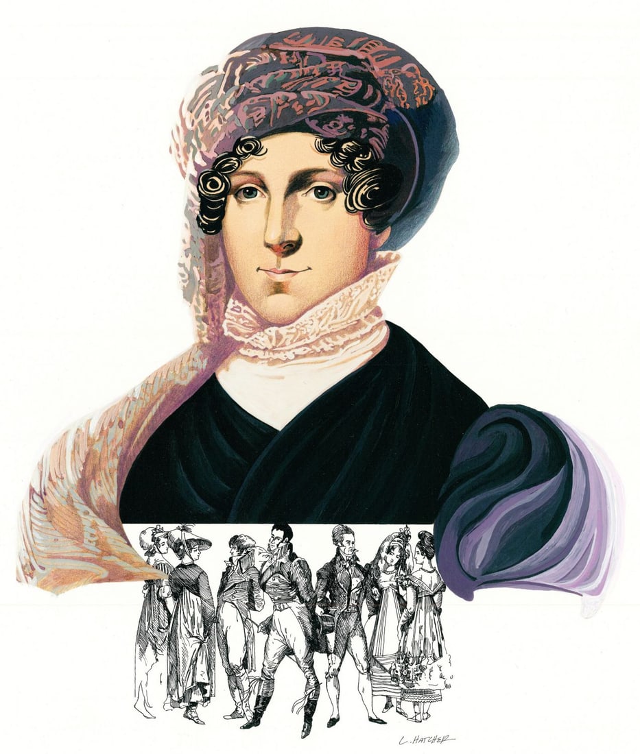Lois Hatcher (US,1946-?) mixed media painting: ARTIST: Lois Hatcher (American, 1946 - ???) TITLE: Portrait of Dolley Madison (titled on verso) YEAR: 1980 MEDIUM: mixed media on board CONDITION: Some